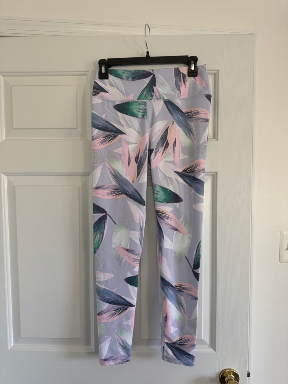 Fabletics Gray Leggings with Pink and Green Leaf Print